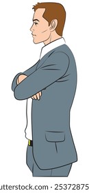 A man wearing a suit while folding his hands and observing something. Seen from the side.
Illustration in colors and vector format.