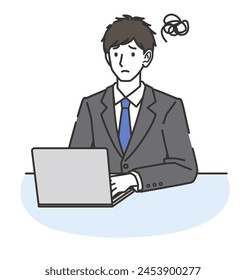 A man wearing a suit who is having trouble while using a computer