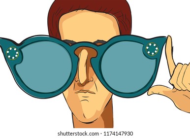 Man wearing a sun glass blank empty template looking at different visions