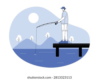 A man wearing a sun hat stands on a wooden dock casting his fishing line into the water.