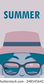 Man wearing sunglasses with beach view summer vertical poster. Summer concept