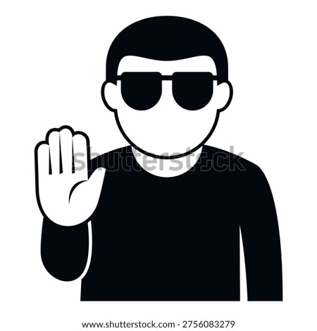 Man wearing sunglasses gesturing stop, showing refusal or warning