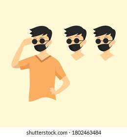 
man wearing sunglasses with some expressions while wearing a mask