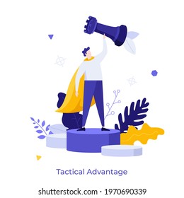 Man wearing superhero's cape and holding rook chess piece. Concept of tactical advantage, successful entrepreneurship tactics or strategy, superiority in business. Modern flat vector illustration.