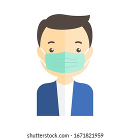 Man wearing a surgical face mask to protect breathing of virus or air pollution. Vector of medical mask. Stop Corona virus or COVID-19 outbreak situation concept.