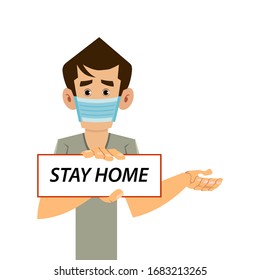 man wearing surgical face mask and advice for stay home. coronavirus concept