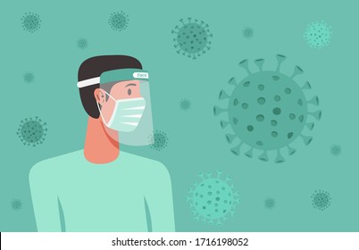 man wearing surgical mask and face shield to protect from virus spreading, flu prevention, coronavirus quarantine concept, character cartoon flat vector illustration