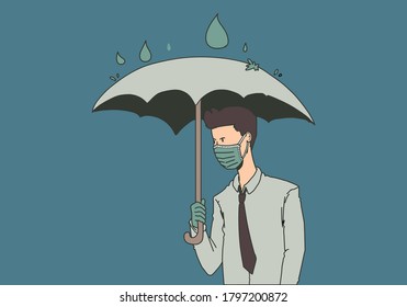 Man wearing surgical mask with umbrella in rainy season, Covid-19 concept and rainy concept, Flat vector design