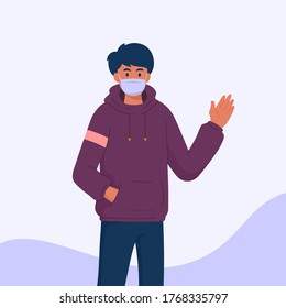 Man wearing surgical mask waving hands and gesturing in friendly way, Cheerful characters vector illustration