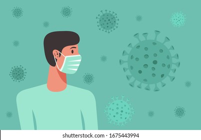 hombre con mascarilla quirúrgica o médica para protegerse de la propagación del virus, prevención de la gripe, concepto de cuarentena del coronavirus, caricatura ilustración vectorial plana