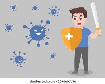 Man wearing a surgical protective Medical mask for prevent virus Wuhan Covid-19.Corona virus, Sword, Shield, fight. Health care concept.