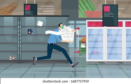 Man wearing a surgical protective medical mask in panic shopping in a supermaket grabs toilet paper in bulk due to coronavirus crisis. Covid-19 pandemic concept.