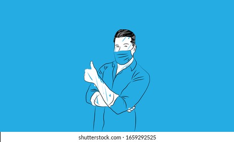 man wearing surgical/medical mask to prevent infectious disease/virus doing thumbs up simple hand drawn design style minimal vector illustration