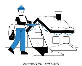 Man wearing sweater and beanie is cleaning snow in the yard, winter season activity. Design character. Vector flat illustration