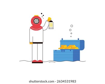 A man wearing a swimsuit and diving helmet finds a treasure under the sea. Character design. Vector flat illustration