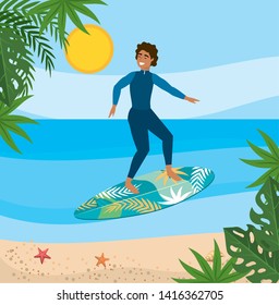 man wearing swimsuit and surfing in the surfboard with leaves plants