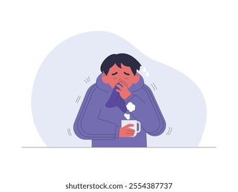 Man wearing thick clothes because of flu until shivering, using handkerchief to clean snot, holding a cup of hot drink as a reliever, vector illustration of health problem.