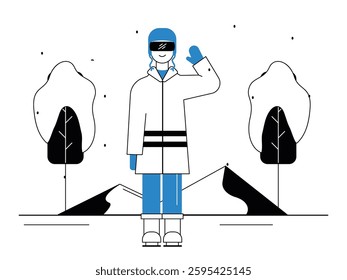 Man wearing thick jacket, gloves, helmet and glasses wants to play ice skating. Design character. Vector flat illustration