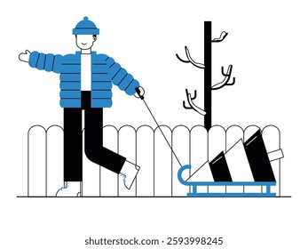 Man wearing a thick jacket is outdoors pulling a Christmas tree. Design character. Vector flat illustration