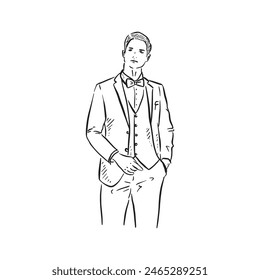 Man wearing a three piece suit for a wedding. Drawn by hand in line drawn style.