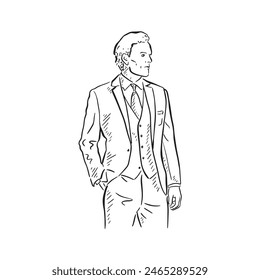 Man wearing a three piece suit for a wedding. Drawn by hand in line drawn style.