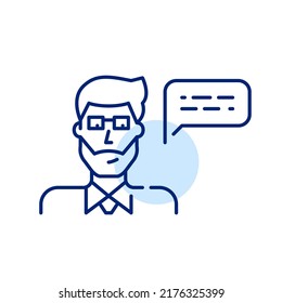 Man wearing a tie and glasses sharing information in chat form. Pixel perfect, editable stroke line art icon