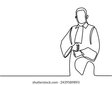 Man wearing toga in One continuous line drawing style. Male character professional judge lawyer.