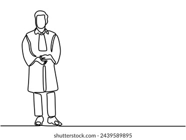Man wearing toga in One continuous line drawing style. Male character professional judge lawyer.