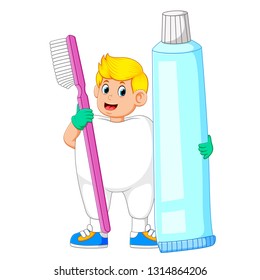 A man wearing tooth costume and holding big toothbrush and big tooth pasta