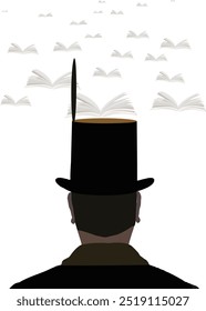 Man wearing top hat looking at books flying away from his head