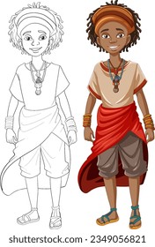 A man wearing traditional African clothing stands in a vector cartoon illustration