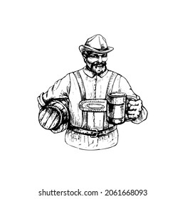 Man wearing a traditional Bavarian dress shorts holding beer mug and barrel. Vintage vector hatching black illustration. Isolated on white background. Hand drawn design ink poster oktoberfest festival