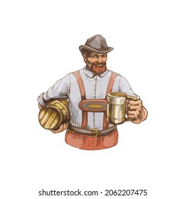 Man wearing a traditional Bavarian dress shorts holding beer mug and barrel. Vintage vector hatching color illustration. Isolated on white background. Hand drawn design ink poster oktoberfest festival