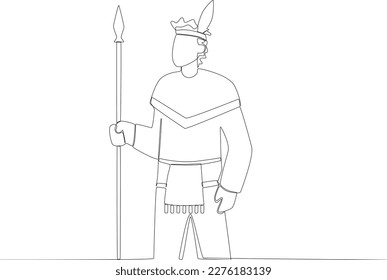 A man wearing traditional clothes and holding a spear. Africa day one line drawing