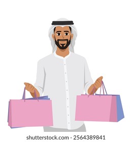 Man Wearing Traditional Clothes Holding Colorful Shopping Bags. Flat Vector character illustration