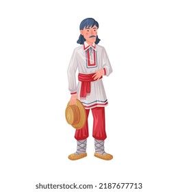 Man Wearing Traditional Clothing of Romania with Embroidery and Straw Shoes Vector Illustration