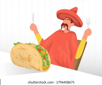 Man wearing a traditional mexican dress eats big taco. Vector flat illustration