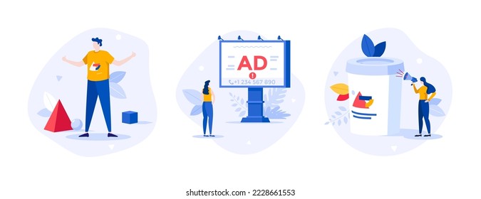 Man wearing t-shirt with logo, women looking at ad banner and shouting in megaphone. Concept of corporate identity and branding, goods for marketing campaign. Set of modern flat vector illustrations.
