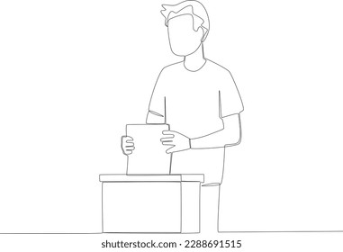 A man wearing a t-shirt puts a ballot paper into a ballot box. Vote one-line drawing