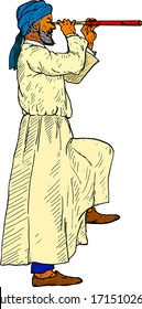 A man wearing a tunic and turban spying through a telescope. Hand drawn vector illustration.