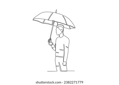A man wearing an umbrella avoids the sun. Umbrella one-line drawing