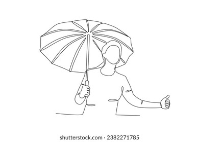 A man wearing an umbrella happily. Umbrella one-line drawing
