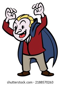 A Man wearing vampire costume and scaring kids in halloween party, best for sticker, logo, and mascot with halloween themes