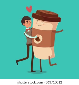 Man Wearing Vest and Bowtie with Coffee - Funny Cartoon Illustration