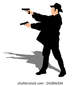 Man wearing vintage hat with two guns, vector 