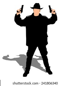 Man wearing vintage hat with two guns, vector 