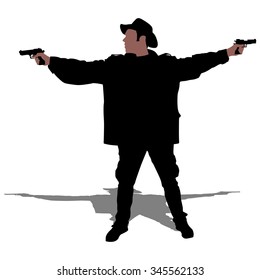 Man wearing vintage hat with two guns, vector 