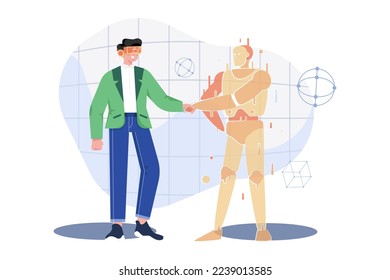 Man wearing virtual glasses is shaking a hand with a hologram graphic in a cyberspace area