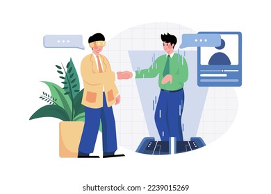 Man wearing virtual glasses is shaking a hand with a hologram graphic in a cyberspace area
