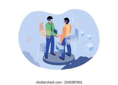 Man wearing virtual glasses is shaking a hand with a hologram graphic in a cyberspace area